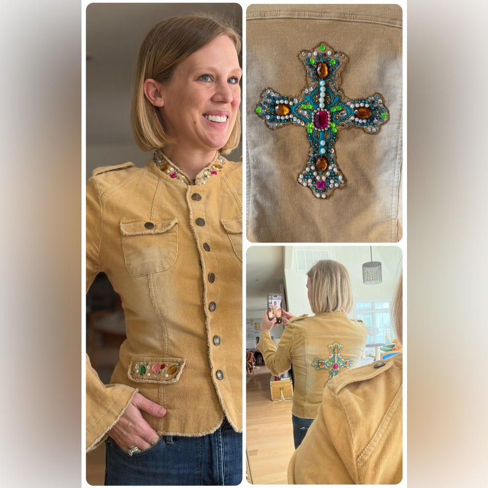 Ivy Jane Size Small Camel Tan Blazer Jeweled Beaded Cross SOFT Cord Jacket Cross